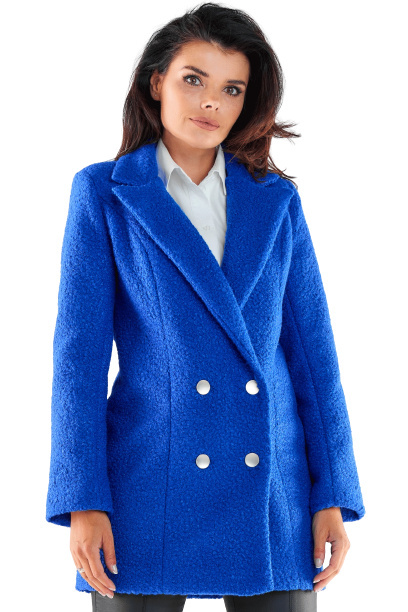 Płaszcz damski krótki baranek elegancki dwurzędowy niebieski